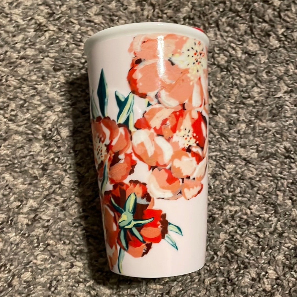 Starbucks 10oz White Ceramic Tumbler with Red flowers/lid